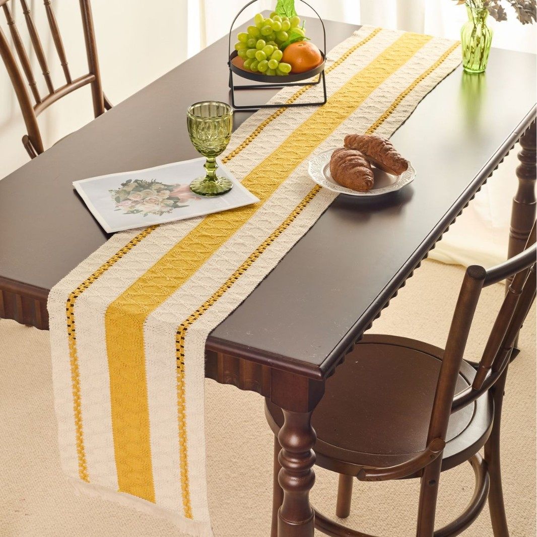 棉麻复古黄色拼接桌旗长条餐桌垫