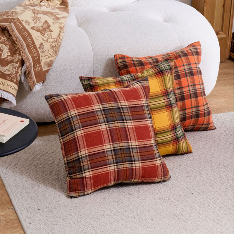 棉麻复古圣诞格子撞色印花抱枕套