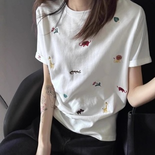 夏季 纯棉t恤女设计感小众夏日上衣 美式 可爱趣味动物刺绣正肩短袖