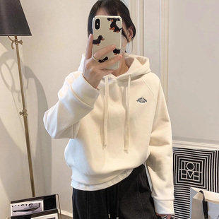 短款 洋气白色加绒连帽卫衣女秋冬2025女装 抽绳插肩袖 时尚 上衣 韩版