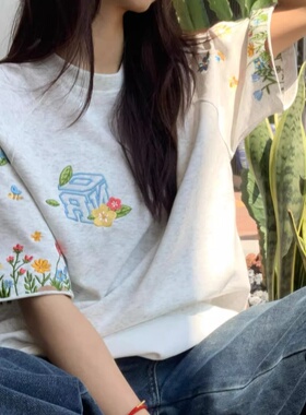 美式复古灰色刺绣花卉字母短袖t恤女夏季高级感爆款宽松插肩上衣