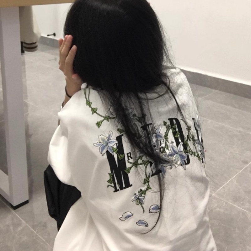 纯棉美式花卉藤蔓刺绣短袖t恤女