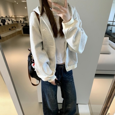 美式复古条纹开衫连帽卫衣外套女