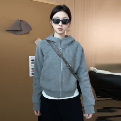 韩系灰色连帽短款开衫外套女秋冬