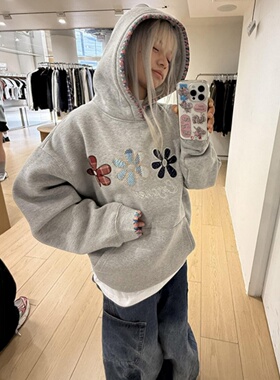 美式灰色织带帽衫刺绣花朵连帽卫衣女秋冬设计感小众加绒宽松上衣