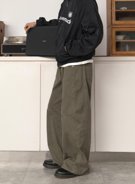 DRINK LIFE 美式复古工装裤中性风男女 宽松褶皱弯刀巴恩风休闲裤