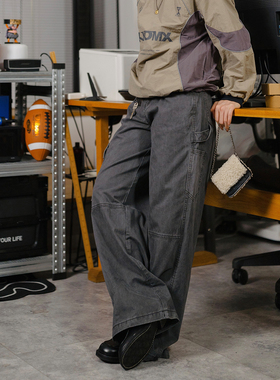 DRINK LIFE美式复古水洗做旧cleanfit宽松深灰色工装裤男女拖地裤