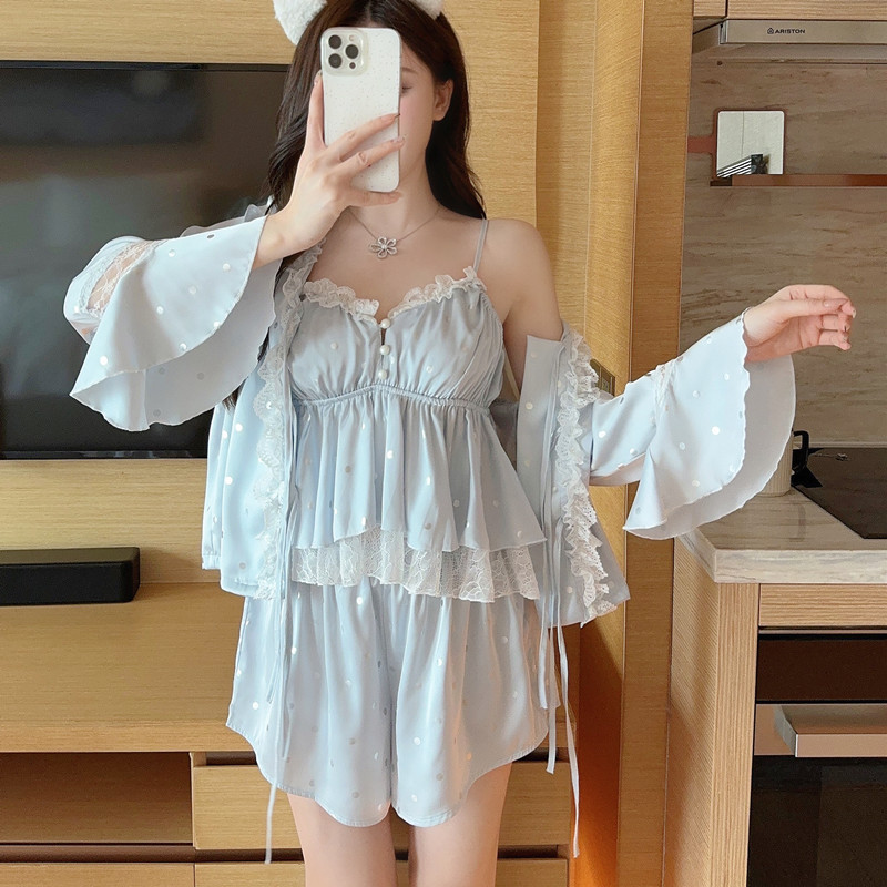 跨境冰丝吊带短裤胸垫睡衣女夏季性感家居服新款波点春秋款四件套