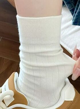 2026透气纯棉袜子女款四季款中筒袜白色学生百搭纯色堆堆长袜子