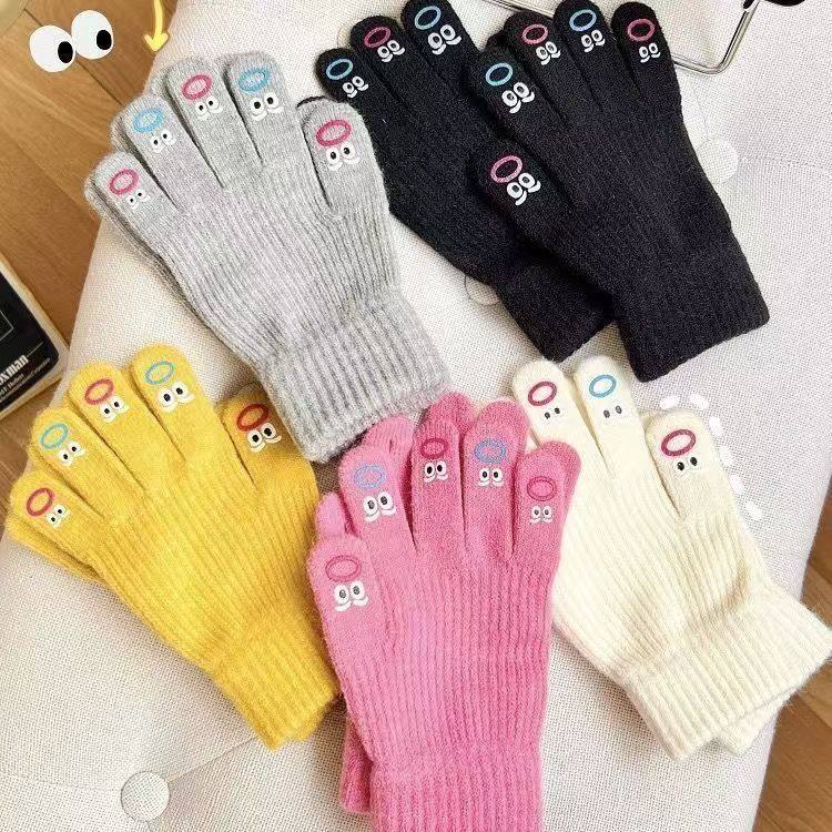 毛线针织保暖秋冬季手套女冬季韩版可爱嘴嘴怪骑车学生防寒可触屏