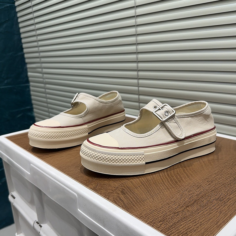 韩版厚底玛丽珍帆布鞋女浅口低帮一字带百搭休闲鞋潮时尚学生板鞋