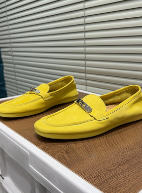 休闲风黄色头层牛皮乐福鞋女金属扣一脚蹬豆豆鞋平底百搭懒人鞋潮