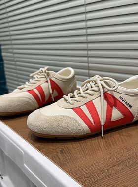 韩版复古风方头拼色德训鞋女2026春厚底系带休闲运动鞋软底板鞋