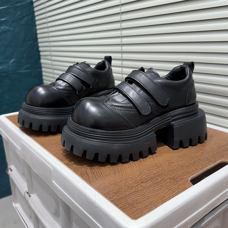 2026春新粗跟厚底大头魔术贴JK小皮鞋小个子增高英伦百搭乐福鞋女