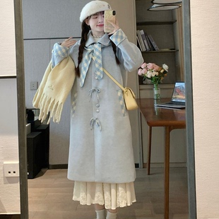 甜末末2025秋冬新款韩系甜美宽松显瘦中长款纯色翻领毛呢大衣外套