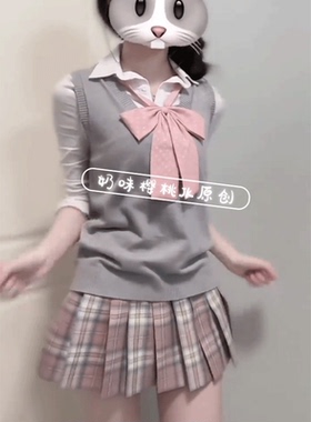 灰色针织套头背心薄款日系学院风原创正版jk格裙百褶裙制服套装女