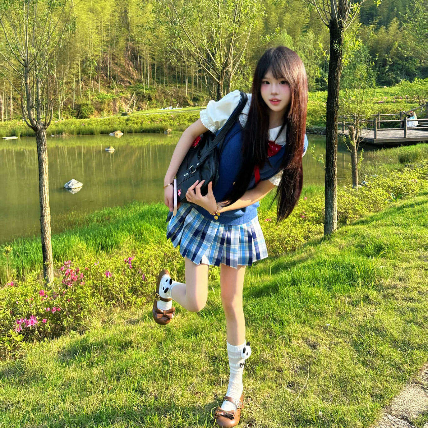 气泡水jk\夏季正版学院风jk制服宝蓝开衫马甲百搭叠穿短裙套装女