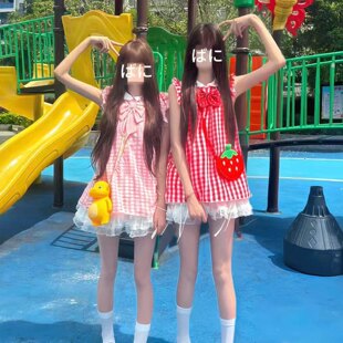 jk软妹学院风双子星粉格红格衬衫上衣女夏季短裙蓬蓬裙制服套装