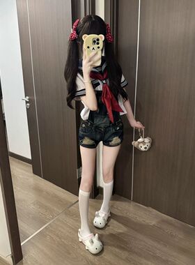 原创JK制服基础款白三本短袖水手服套装女生百搭感学院风短款上衣