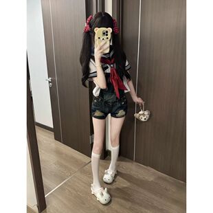 女生百搭感学院风短款 水手服套装 上衣 白三本短袖 原创JK制服基础款