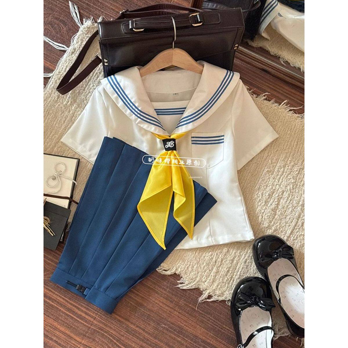 正版水手服蓝三本JK制服套装女基础款中间服海军领上衣百褶裙短裙