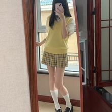 校供感jk制服三件套装女日系甜美黄色jk格裙半身裙子夏秋叠穿衬衣