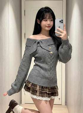 日系叠穿深灰色毛衣上衣女秋冬