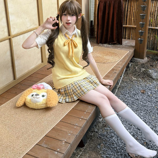 黄色针织马甲背心叠穿校供感制服套装女秋冬正版小杏中jk格裙四件