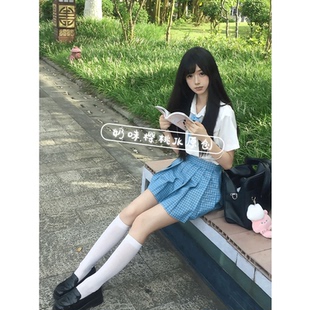 奶味樱桃学院风松蓝jk制服套装女新品刺绣衬衫上衣格裙百褶裙套装