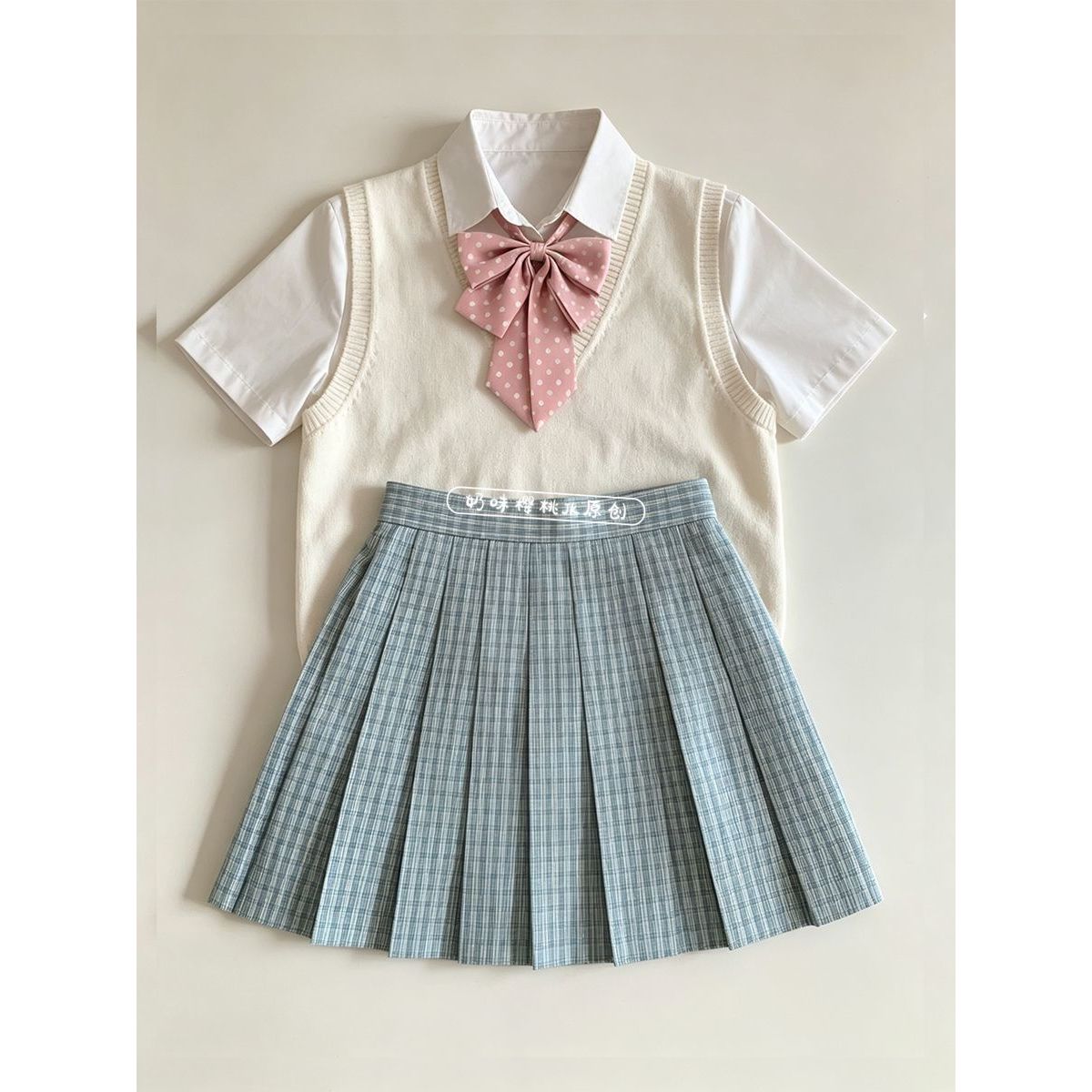 学院JK制服针织衫基础马甲背心校供松蓝格裙可爱百搭短袖套装秋季