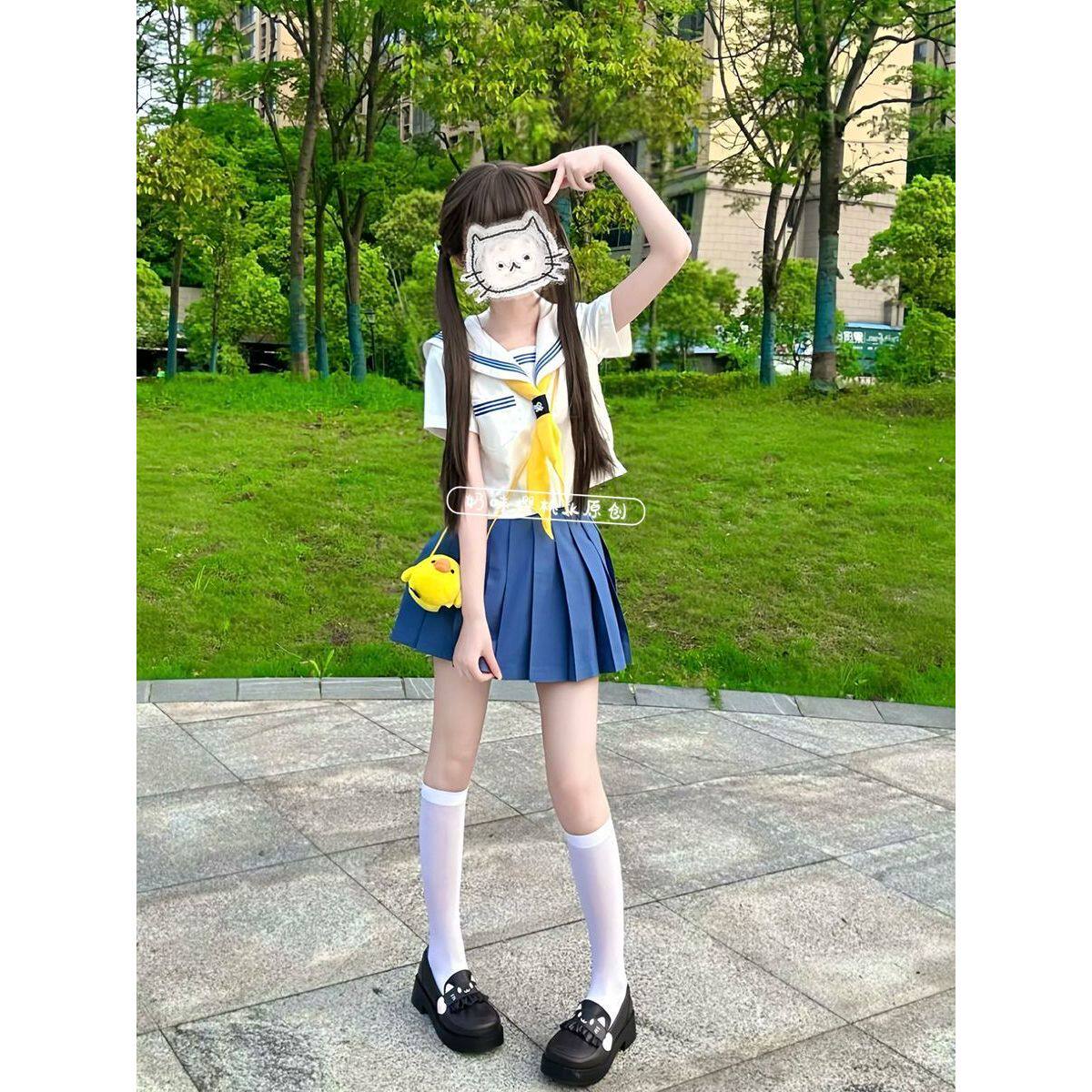 JK制服原创蓝三本水手服海军领上衣女日系软妹学院风衬衣短裙套装