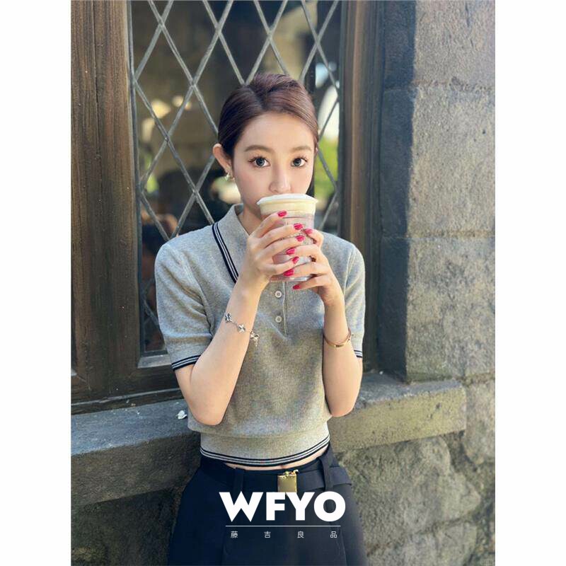 WFYO/2026新款复古撞色Polo领短袖针织T恤女收腰显瘦正肩冰丝上衣