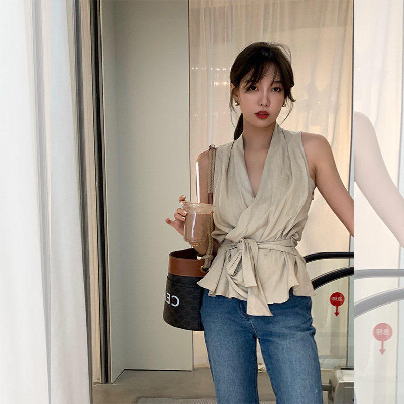 WFYO/2025夏新款V领棉麻收腰辣妹系带挂脖无袖背心高级感衬衫女潮