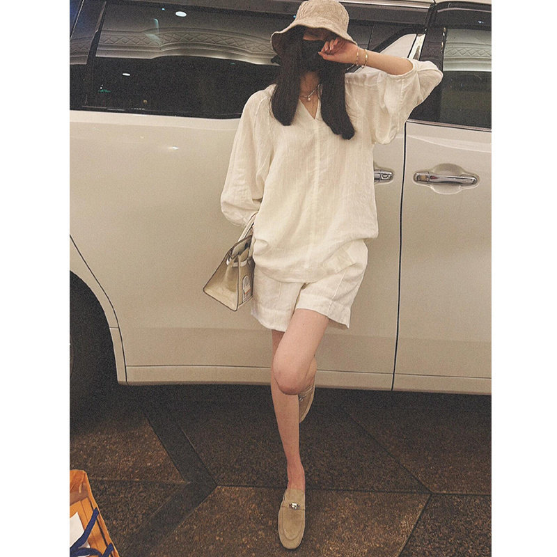 WFYO/白色亚麻衬衫套装女2025夏新款上衣短裤两件套轻薄透气韩版