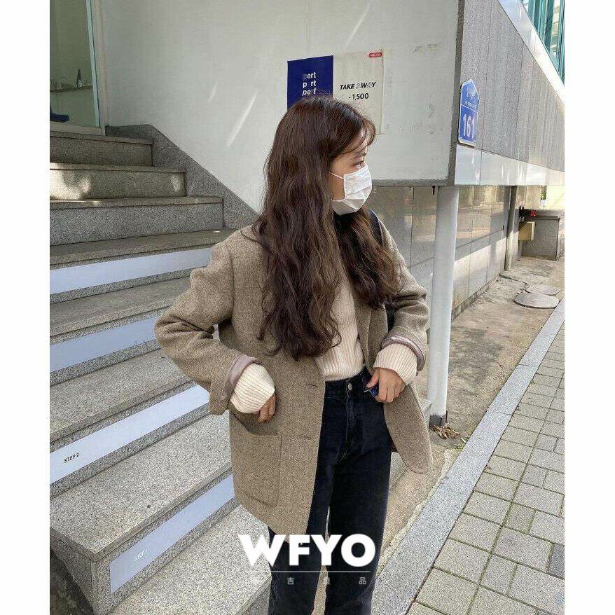 WFYO/春秋新款羊毛呢外套女韩版宽松休闲英伦风小个子西装外套女
