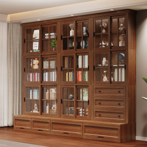 趟门实木满墙书柜家用带门多层书架自由组合柜子收纳储物轻奢美式