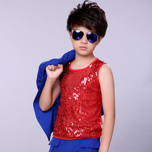 男童大童儿童舞台歌手走秀百搭款红色亮片背心架子鼓高端表演服装