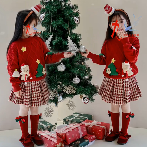 女童新年毛衣圣诞节主题舞台走秀儿童演出服幼儿园T台大赛服装裙