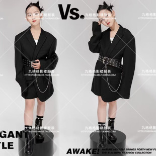 女童黑色西装套装儿童演出服少儿模特大赛T台走秀潮服西服单外套