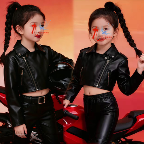 舞台走秀女童皮衣机车服MOKA比赛表演儿童服装模特T台大赛演出服