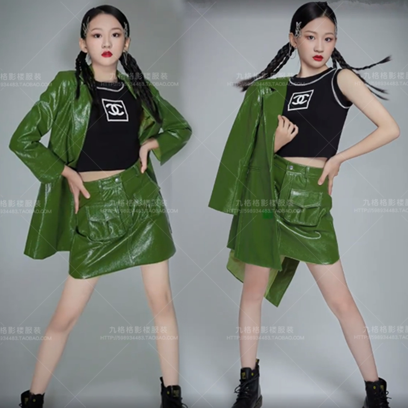 拍摄大童写真绿皮衣儿童摄影主题服装模特演出服女孩舞台走秀比赛