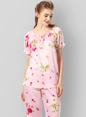 伊丝芬贡缎纯棉睡衣女亲肤优雅夏短袖七分裤家居服两件套装38870