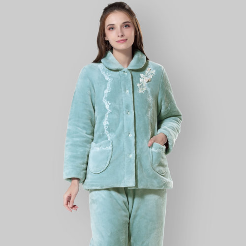 罗丝美法兰绒夹棉袄绣花家居服女