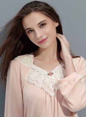 罗丝美睡衣女秋冬棉+莫代尔舒适长袖精美蕾丝绣花家居服套装18245