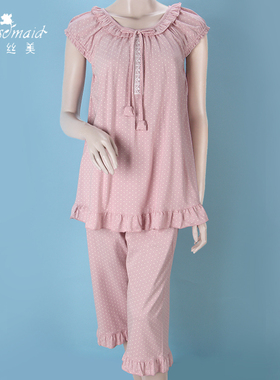 罗丝美夏季睡衣女士家居服纯棉短袖短裤两件套装17069全棉可外穿
