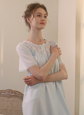 罗丝美15027夏季新款半门襟纯棉提花绉布睡裙女优雅双层中长裙薄