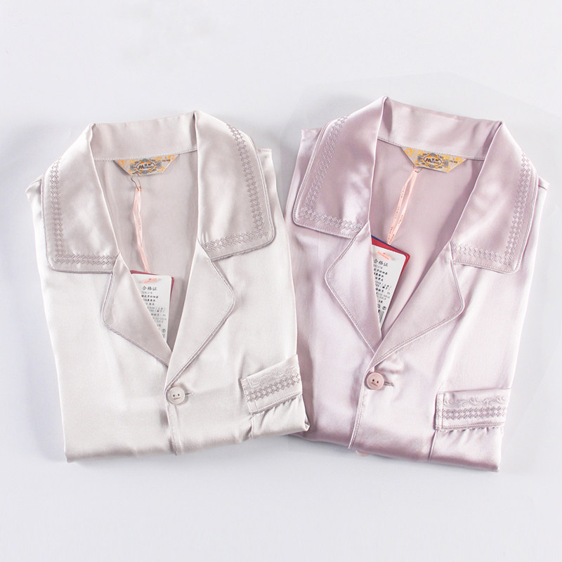 美标蚕丝绸夏天男式睡衣纯色高级中式凉感真丝翻领短袖家居服套装