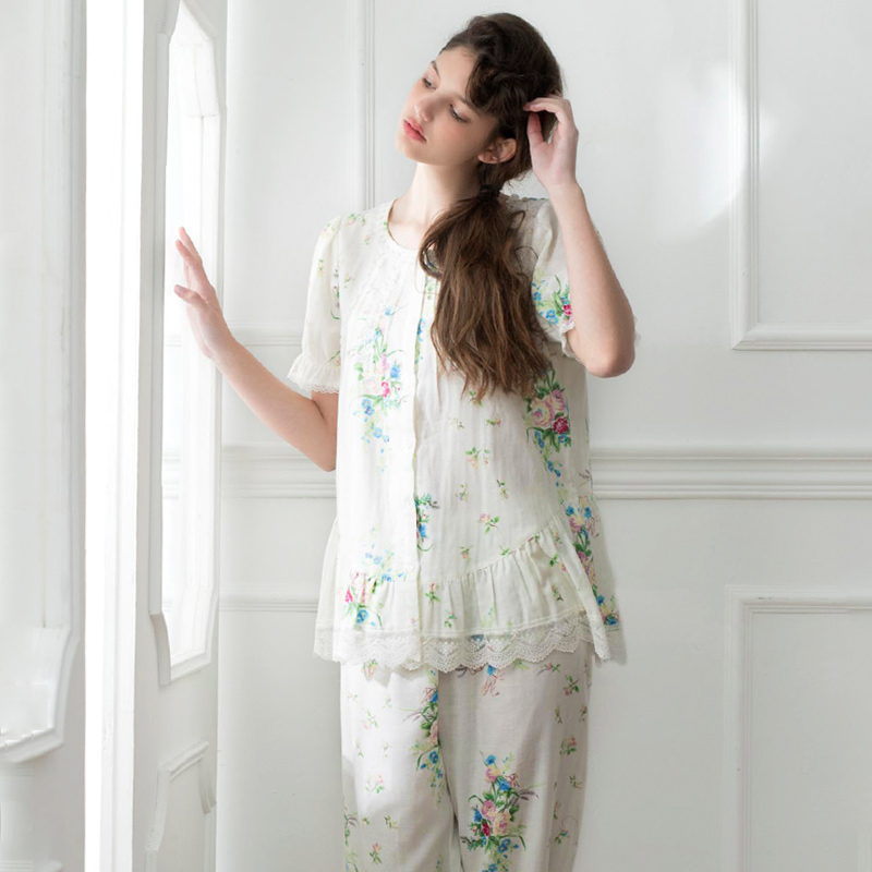 罗丝美睡衣女纯棉棉纱夏透气舒适