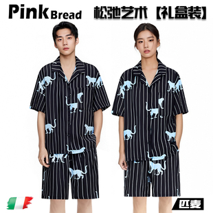 冰丝条纹睡衣家居服套装 PinkBread 睡衣春夏季 招财小豹 情侣款