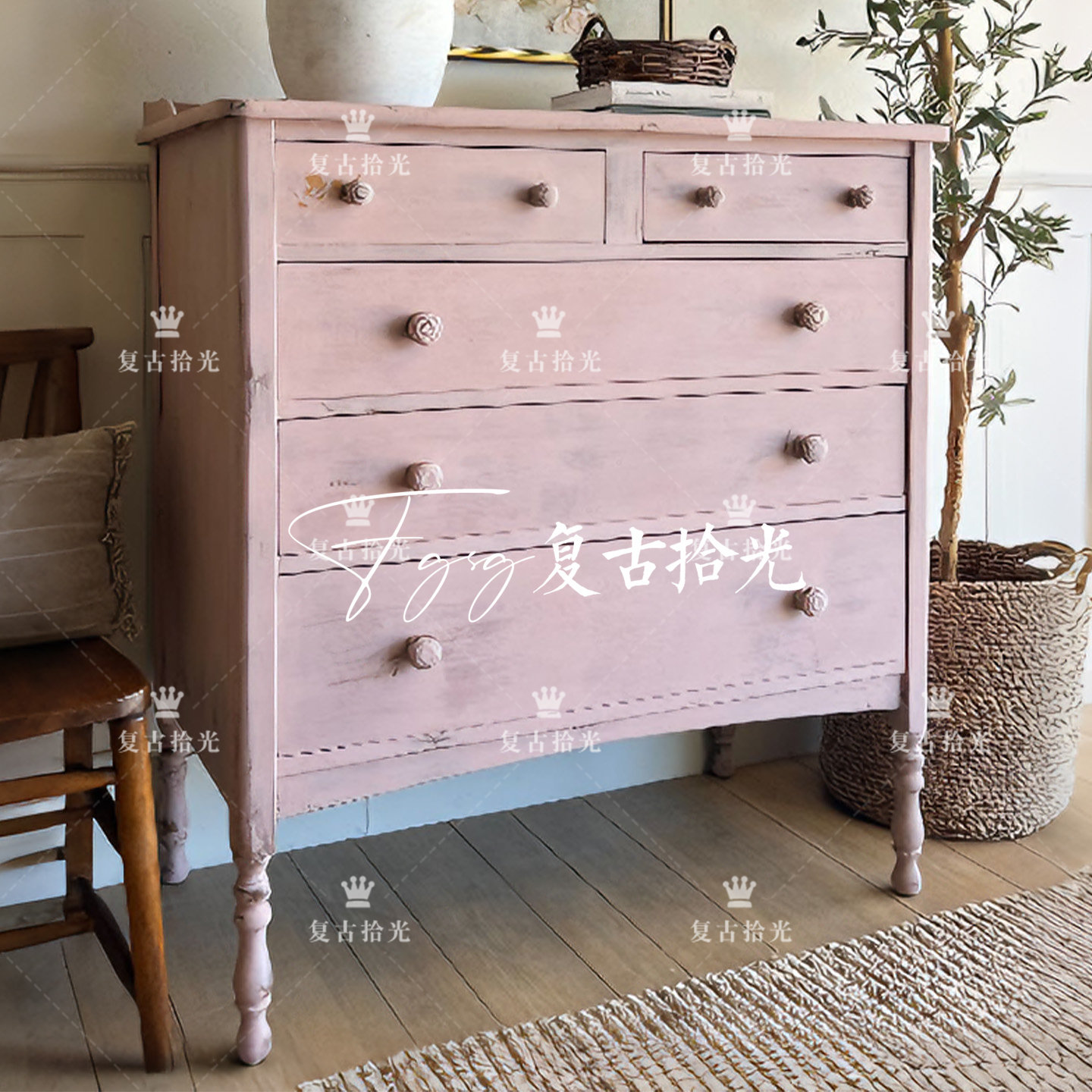 复古拾光 法式复古实木五斗柜 粉色做旧玄关柜 大容量储物收纳柜,住宅家具,门厅/玄关柜/玄关架,淘宝优惠券,粉丝福利购,淘宝优惠卷